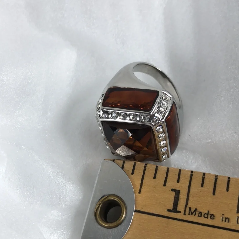 Smoky Quartz Ring Men's Size 8 Square Simulated Stones Faceted Silver Tone Band